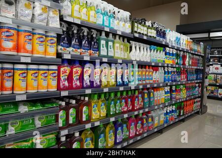 Cleaning Supplies, Sprays, Liquids Cleaning Detergents For Sale On Supermarket Stand. Bottles With Cleaning Products For Cleaning House Of Various Man Stock Photo