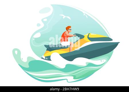 Man ride jetski in sea vector poster. Aquabike on ocean waves illustration. Summer cartoon landscape with character in sunglasses on water scooter. Extreme watersport banner. Wave isolated background. Stock Vector