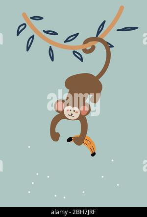 Cute cartoon monkey hanging down from a liana vector childish illustration. Stock Vector