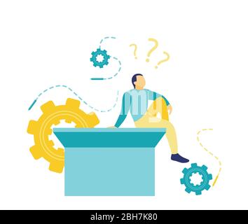 Flat vector illustration of a business concept in blue and yellow, businessman sitting relaxed on a blue building looking up and thinking Stock Vector