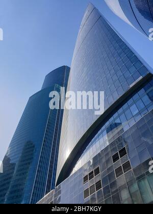 High rise buildings of the business center of Moscow. District Moscow-city against the day sky Stock Photo