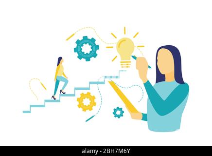 Flat vector illustration, business woman sketches innovations in blue and yellow. The concept of management and innovation. Stock Vector
