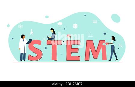 Vector illustration showing girls or women in STEM (Science, Technology, Engineering, Mathematics with symbols including cog, beaker, graph, stars. Stock Vector