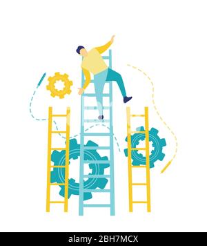 Flat vector illustration, a man who was fired and fell from the career ladder. The concept of failure of a young business man in blue and yellow. Stock Vector