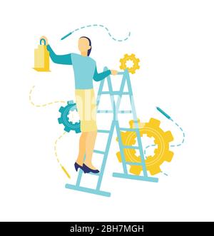 Flat vector illustration, the concept of a woman climbing the stepladder by hand holding a lantern icon with a flat design in blue and yellow. Stock Vector