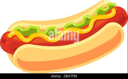 Classic hotdog isolated on white background. Fast food vector object. Big Hot dog cartoon illustration. Takeaway food symbol for banner or design poster. Stock Vector