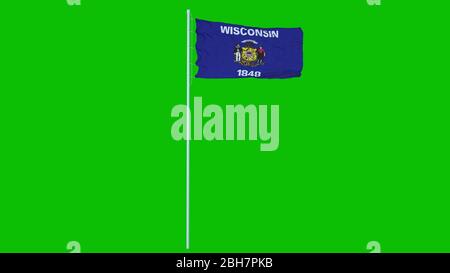 Wisconsin state Flag Waving on wind on green screen or chroma key background. 3d rendering. Stock Photo