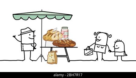 hand drawn cartoon producer selling organic bread on a market store Stock Vector