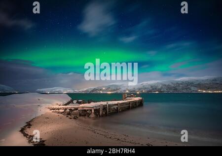 polar lights on Kvaløya Island near Tromso, northern Norway Stock Photo
