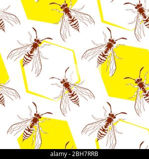 Wasp geometric insect seamless pattern. Dangerous design for textile, fabric texture. Yellow bugs isolated on white background. Vector Bumblebee drawing tile. Wild Nature graphic print. Stock Vector