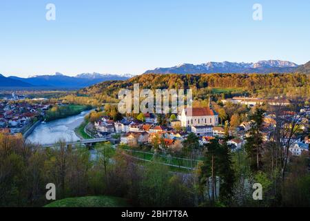 Isar and Franciscan Church, view from the Calvary, Bad Toelz, Isarwinkel, Alpine foothills, Upper Bavaria, Bavaria, Germany Stock Photo