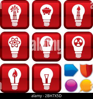 Vector illustration. Set of fossil energy icons on square buttons. Geometric style. Stock Vector