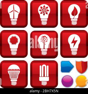 Vector illustration. Set of renewable energy icons on square buttons. Geometric style. Stock Vector