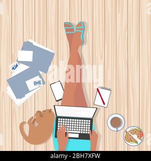 Woman in short turquoise skirt working from home with cat while sitting on floor with laptop and sandwich snack Stock Vector