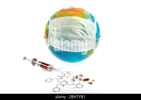 Lopinavir antiviral, thought to could cure Covid-19 respiratory sickness. Lopinavir molecule and some medicines/injection syringe near the earth which Stock Photo