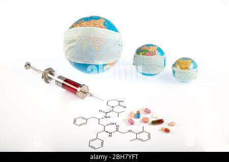 Lopinavir antiviral, thought to could cure Covid-19 respiratory sickness. Lopinavir molecule and some medicines/injection syringe near the earth which Stock Photo