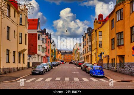 Colourful Jugendstil and Art Nouveau architecture or town villas in Huvilakatu Street, Helsinki Finland with blue sky and clouds. April 24, 2020. Stock Photo