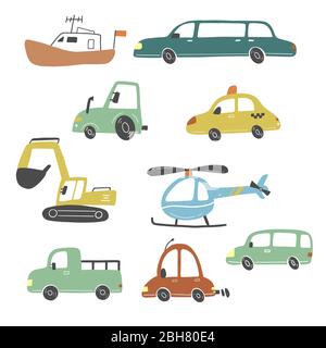 Set of cartoon cute kids and toy style cars and other transport, truck, taxi, police car, fire truck, ship, helicopter, excavator, bus. Isolated vector illustration. Stock Vector