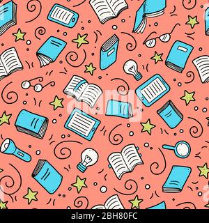 Hand drawn seamless pattern of book doodle elements, education symbols. Vector illustration for book store, reading club, learning, library wallpaper, texture concept design. Doodle sketch style. Stock Vector