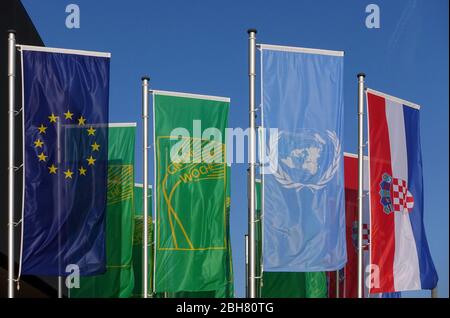 24.01.2020, Berlin, , Germany - Flags of the European Union, the International Green Week, the United Nations and the Republic of Croatia. 00S200124D4 Stock Photo