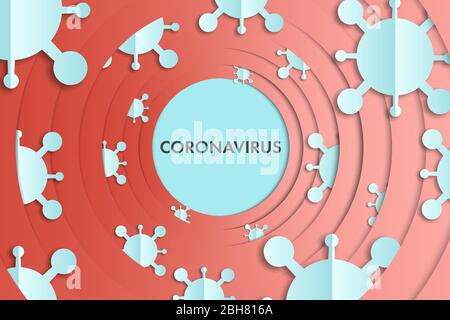 Paper layer art style of light blue coronavirus and red circle pattern background. Stock Vector