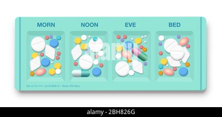 Pill box with to many drugs a day, symbol for overmedication, overdose, hypochondria, medical side effects, addiction to pills and big pharma. Stock Photo