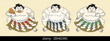 Three japanese sumo wrestler in colorful belt and one of them holding dorayaki snacks, ukiyo-e style illustration Stock Vector