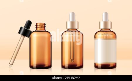 Brown droplet bottle mockup set in 3d illustration on beige background Stock Vector