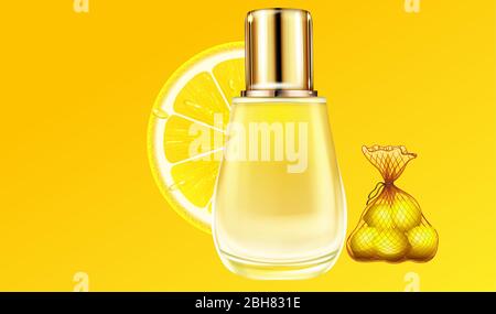 mock up illustration of small glass bottle perfume made up of lemon extracts Stock Vector