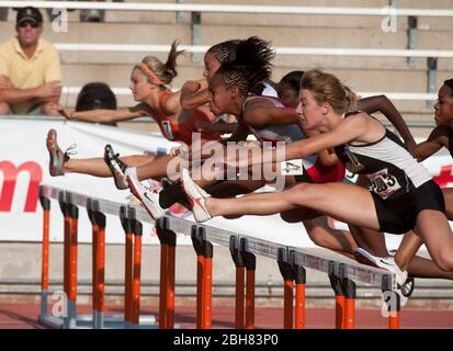Austin Texas USA, June 6, 2009: Athletes strain to leap in the girls 100-meter hurdles at the Texas high school state track championships at the University of Texas track stadium. ©Bob Daemmrich Stock Photo
