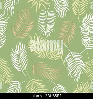 Seamless pattern with hand painted ink palm leaves on green. Great for decor, patterns, greeting cards. Stock Vector