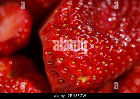 Shallow depth of field (selective focus) and macro image with the surface and seeds of a strawberry. Stock Photo