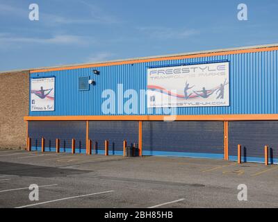 KIRKBY IN ASHFIELD, ENGLAND - APRIL 24: Exterior of Freestyle Trampoline Parks building. Low Moor Road, in Kirkby In Ashfield, Nottinghamshire, Englan Stock Photo