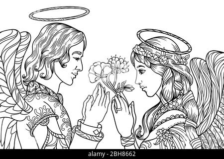 Beautiful  romantic angel girl and boy coloring book for adults antistress with black and white background Stock Photo