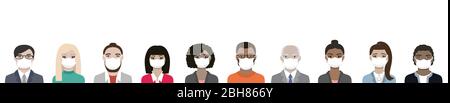 Banner of Multiracial people wearing ppe masks for coronavirus covid-19 protection a diversity team of men and women Stock Vector