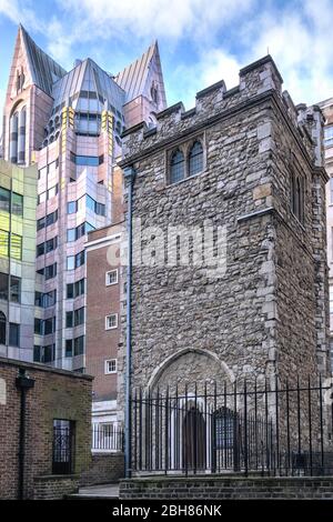 The medieval Tower of All Hallows Staining is all that remains of a church that was on this site from 1218/9 on Mark Lane in the City of London Stock Photo