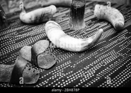 Medieval horns prepared and decorated, ancient viking tradition Stock Photo