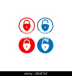 Minimal Lock Unlock button set. Padlock shield icon vector illustration with round shape. Protection symbol isolated on white background. Security Stock Vector