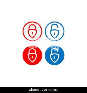 Minimal Lock Unlock button set. Security design element. Outline Padlock shield icon vector illustration with round shape. Protection symbol isolated Stock Vector