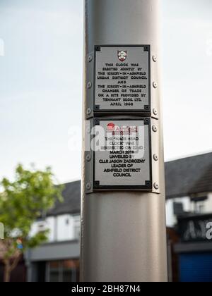 KIRKBY IN ASHFIELD, ENGLAND - APRIL 24: Close up of information sign about the 'Nags Head Clock'. Station Street, in Kirkby In Ashfield, Nottinghamshi Stock Photo