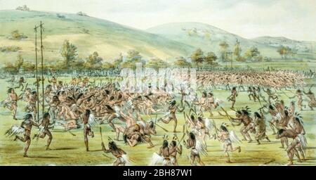 Native American men and boys playing a ball game similar to lacrosse, near Fort Gibson, Oklahoma. Painting by George Catlin, c1844. Stock Photo