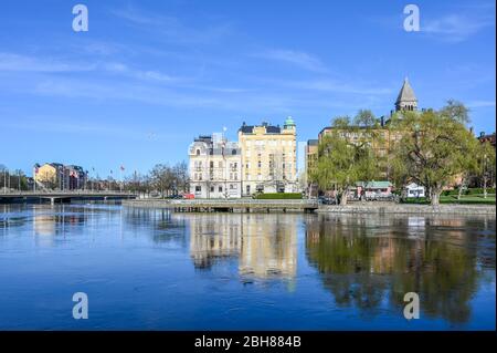 Spring atmosphere at Refvens grund along Motala river in Norrkoping, Sweden during April 2020. Stock Photo