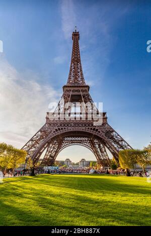 The Eiffel Tower from the Champ de Mars, Paris Stock Photo