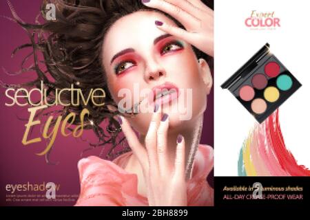 Beautiful woman wearing colorful eyeshadow, eyeshadow palette ads in 3d illustration Stock Vector