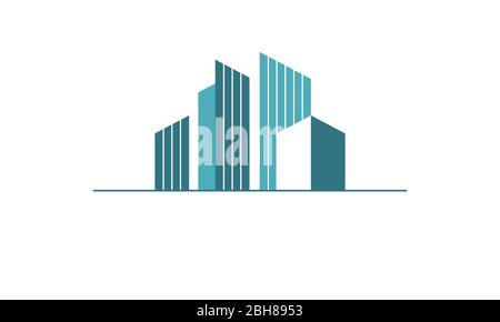 Flat, abstract, tall and short building silhouettes in shades of teal. Vector has empty copy space for text below line. Great for real estate. Stock Vector