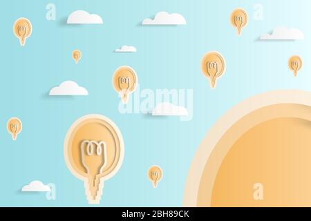 Paper layer art style of floating yellow light bulb and cloudy blue sky background. Stock Vector