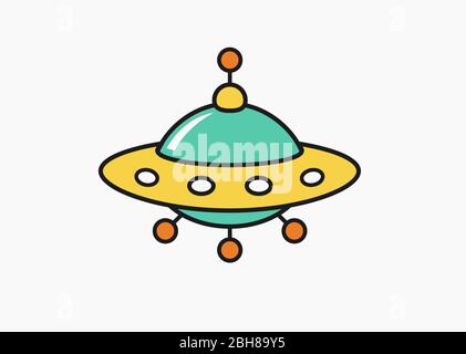 Childs drawing UFO icon, unknow flying object cartoon linear illustration for children coloring book, simple child drawing, vector illustration Stock Vector