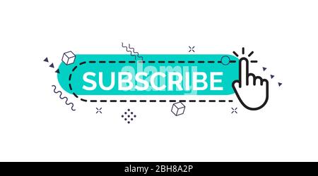 Subscribe button with finger and memphis design elements, creative art button for social media channel, web vector icon. Stock Vector