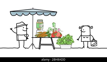 hand drawn Cartoon producer selling organic vegetables on a market store Stock Vector
