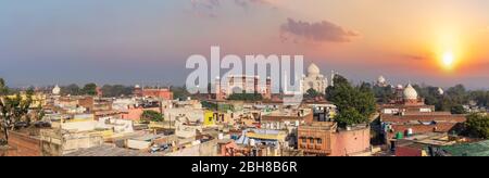 Agra city and Taj Mahal sunset panorama, India Stock Photo